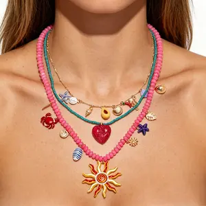 Colorful Summer Beach Charm Necklace Collection - Y2K Dopamine Beaded Chokers Mix & Match Separate Stackable Chains Sunflower Starfish Shell Pendants Vacation Resort Statement Boho Fairycore Aesthetic Jewelry Birthday Friendship Gift for Her summerwins