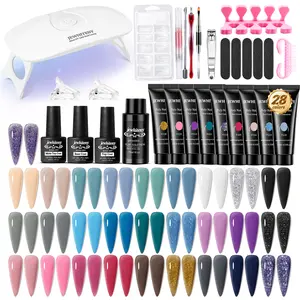 JEWHITENY 28 Colors Poly Gel Nail Kit Nude Gray Black grey Blue yellow purple Glitter All In One Starter Kit Poly Extension Gel Nail Kit With Nail Lamp Base Top Coat Builder Gel Nail Kit
