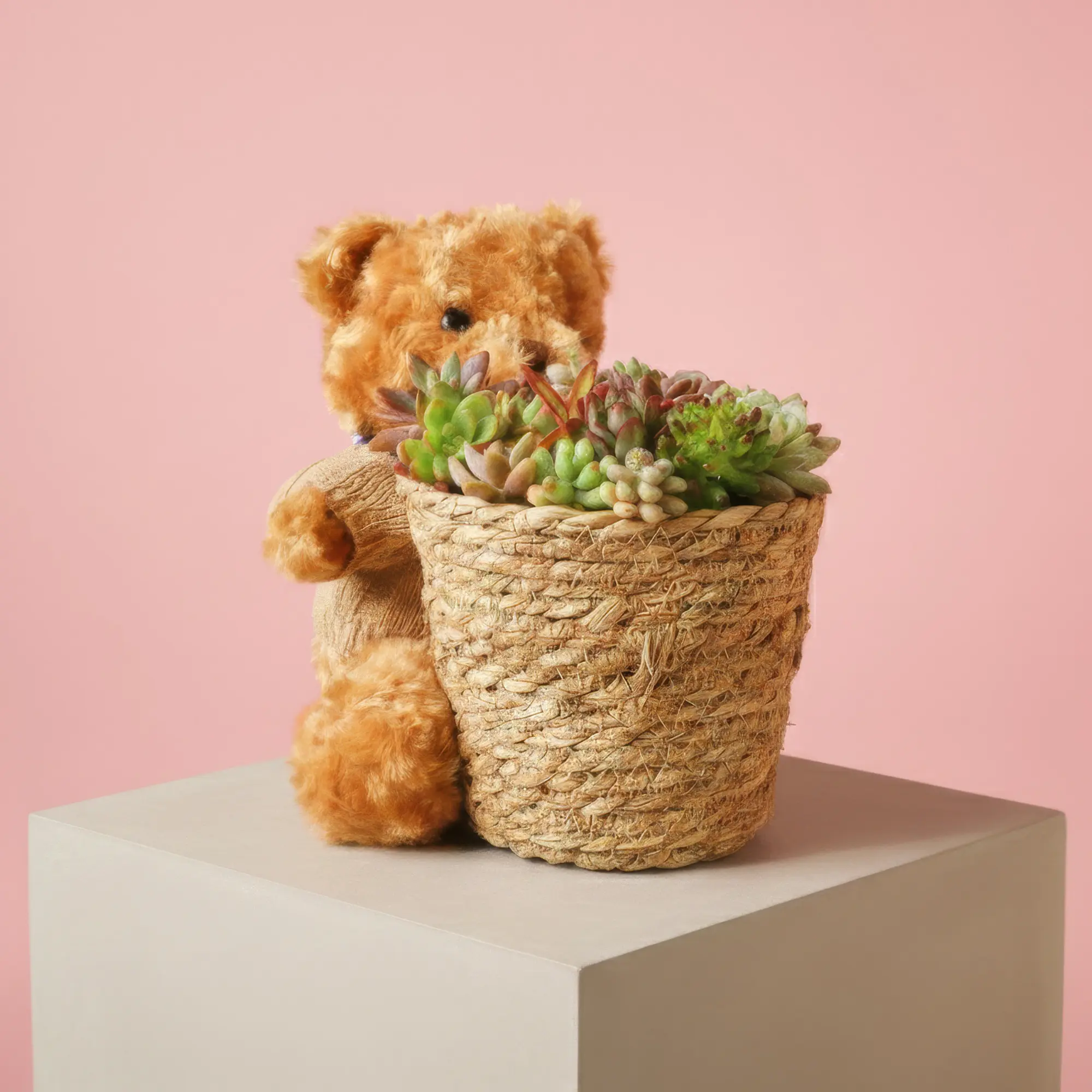 Cute Bear Basket with Soil-Free Succulents - Soilless Succulent Cuttings Basket,Living Succulent Floral Arrangement with Moisture Base,Desk Decor plant Gift