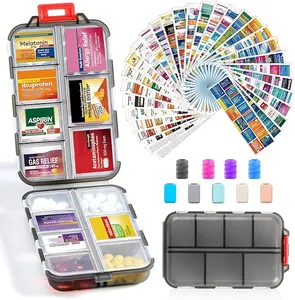 9 colors 14 Grids Travel Pill Organizer Box with 415-Pcs Medicine Name Labels - Pocket Daily Pharmacy Case Container Kit - Travel Medication Holder Dispenser for Fish Oil Vitamin Supplement Storage