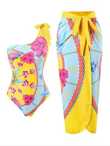 Two-piece Set Women's Floral Print One Shoulder Swimsuit Set, Asymmetrical Tie Shoulder One-piece Swimsuit & Knot Wrap Cover Up Skirt, Summer Beach Holiday Vacation Swimwear Outfits Set
