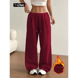 New loose-fit fleece-lined wide-leg pants, elastic-waist casual thickened sweatpants, short warm sportswear for shorter individuals, available in multiple colors, soft sweatpants