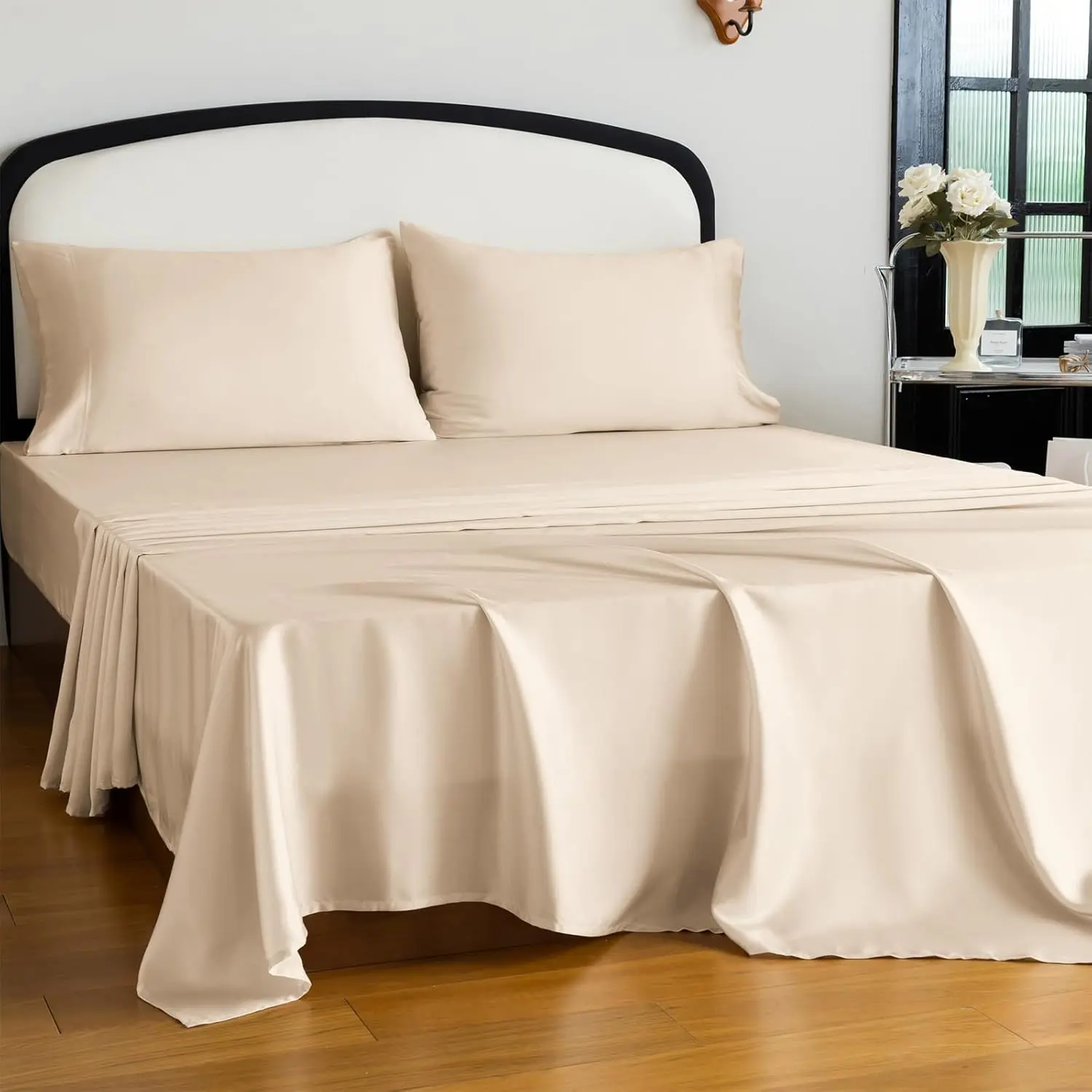 Size Tencel Lyocell Cooling Sheets, Silky Soft Sheet Set with 16 Inch Deep Pocket, Breathable Eucalyptus Bedding for Hot Sleepers, Beige