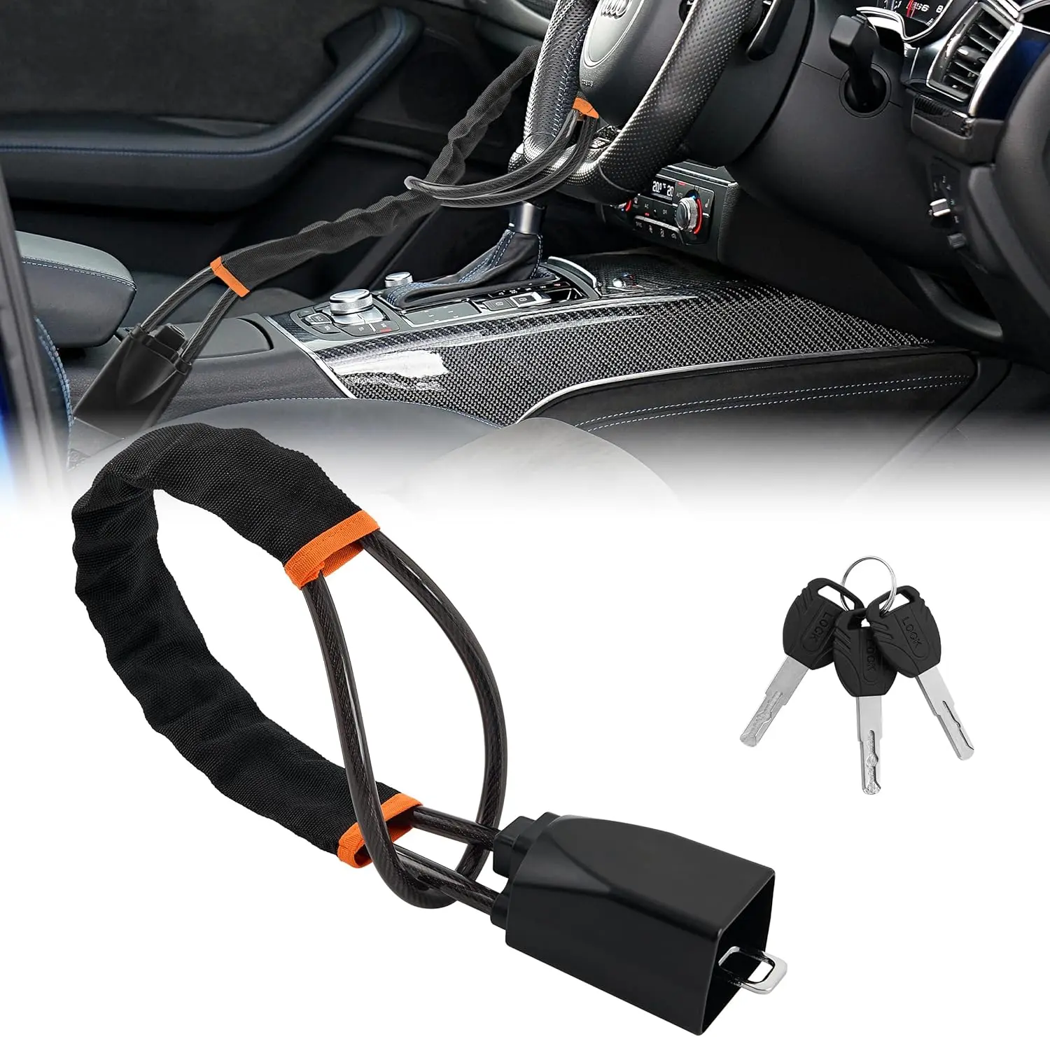 Car Steering Wheel Lock, 1 Pack Anti Theft Car Device with Max 17” Locking Length, Thickened Steel Wire, and Fine Stitched Edges, 3 Keys Included, Easy to Store, Fits Most Vehicles, SUVs（Black） tiktokshopspringglowup, Car Accessories, Truck