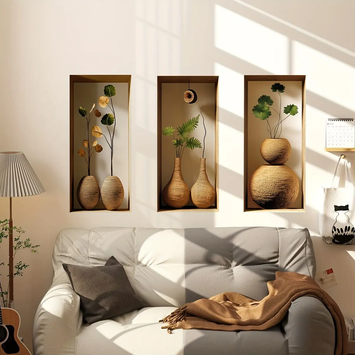 A set (30*60cm*3pcs) of creative simulated 2D hollowed-out vase triptych art wall stickers for living room, bedroom, study room decoration background wall stickers, Decorative Wall Sticker, Bedroom Decorations, Home Decor (B18502)