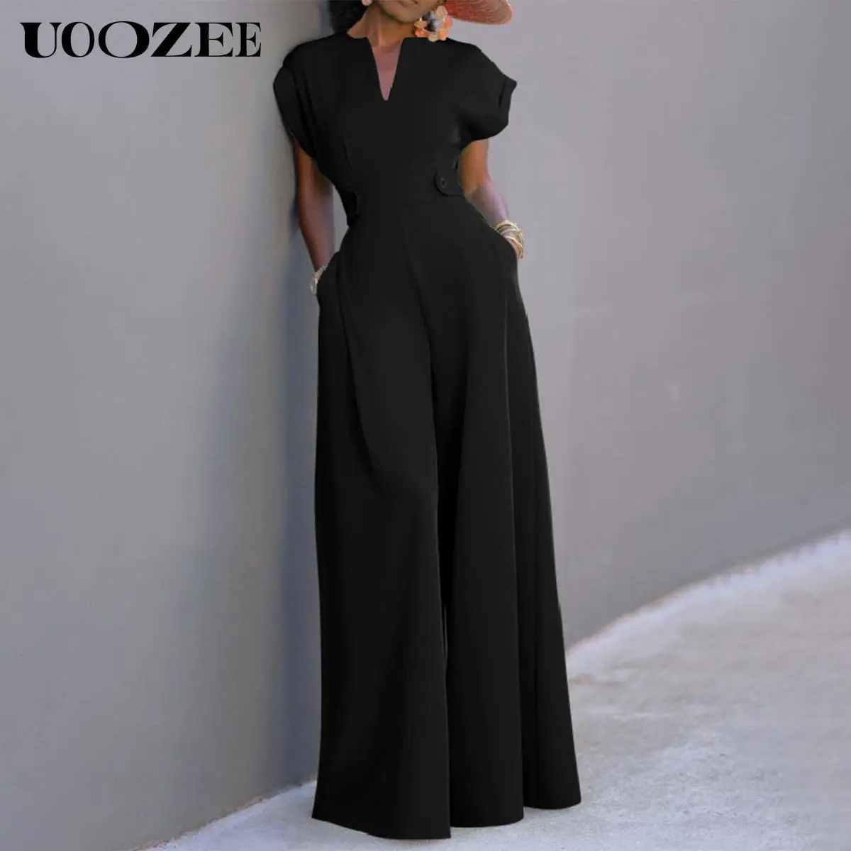 UOOZEE Women's Elegant V-Neck Jumpsuit with Cap Sleeves, Stylish Wide Leg Polyester Overall for Formal Events,back to school shopping, Elegance, Stylish Jumpsuit