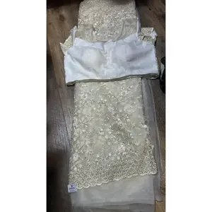 Ivory Pearl & Sequin Embroidered Net Saree with Designer Blouse – Party & Wedding Wear