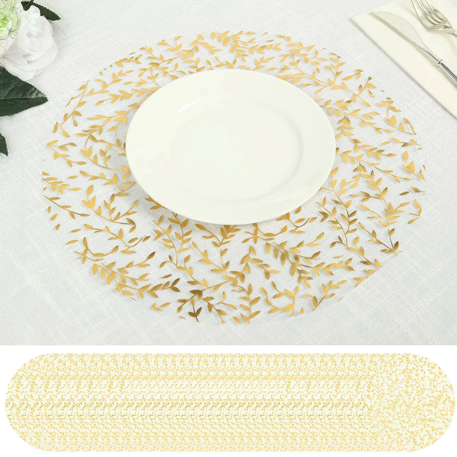50-Pack Disposable Round Table Placemats (13 in) - White Tableware with Gold Foil Leaf Vine Design, Hand Wash Organza Floral Accessory for Parties, Banquets, Dinnerware, Birthday