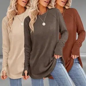 Women's Essential Long Sleeve Round Neck Tunic Tops - Curved Hem, Fitted Medium Length, Soft Minimalist, Vest-Puffer Compression Design, for Leggings, Joggers, Gym, Autumn Casual, Blazer Pairing