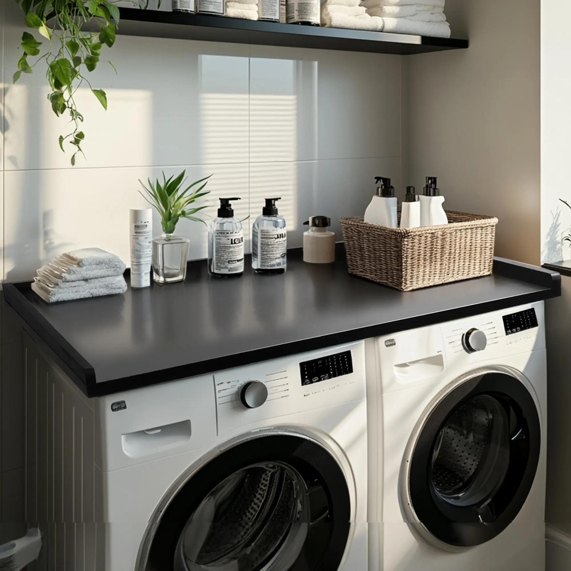 Washer Dryer Countertop, 100% Solid Wood Washer and Dryer Countertop, Clothes Folding Station Topper for Front Load Machines, Fits All Major Brands, Black summerwins Laundry Room Durable