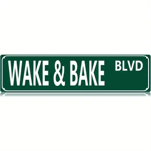 Wake & Bake Blvd Metal Tin Sign - Funny Vintage Weed Marijuana Wall Art Decor, 16x4 Inch Slim Street Sign for Home Bar Cafe Garage Indoor/Outdoor, Humorous Gift for Mother'S Day Father'S Day Graduation 4th of July, Vintage Metal Tin Sign