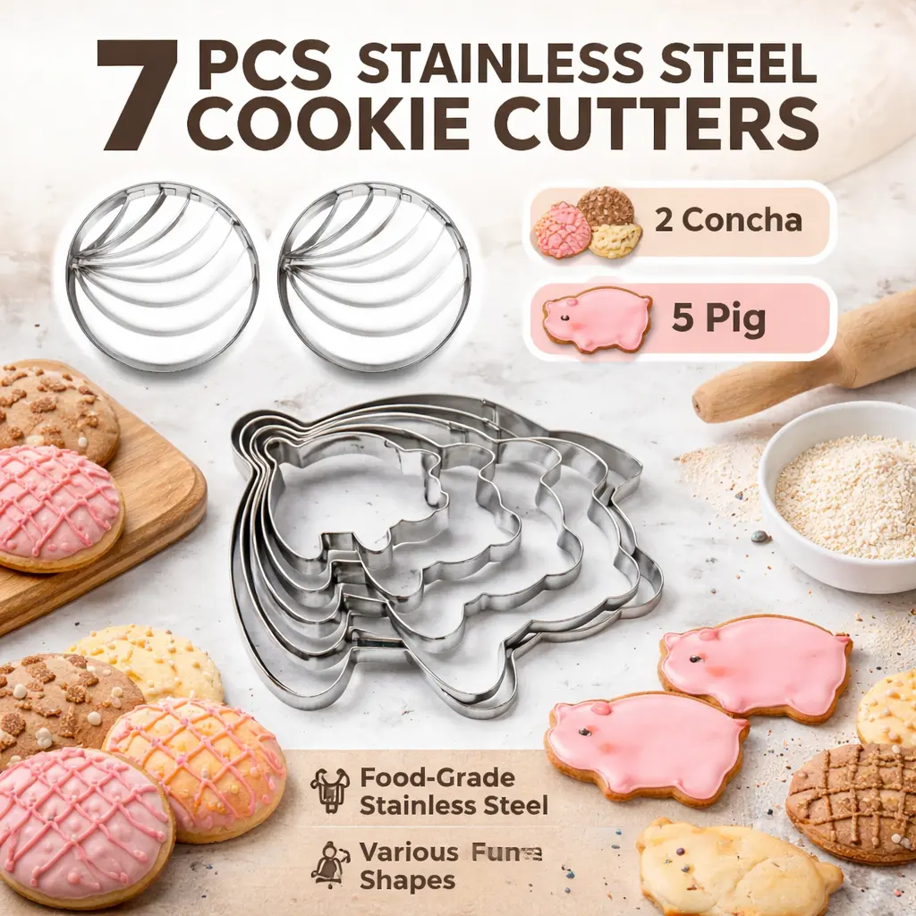 Stainless Steel Kitchen Bakeware Set - 7pcs Baking Accessories, 2 Mexican Bread Concha Stamps, 5 Pig Cookie Cutters, Housewarming Gift, Dishwasher Safe Utensils, Cookie Cutter