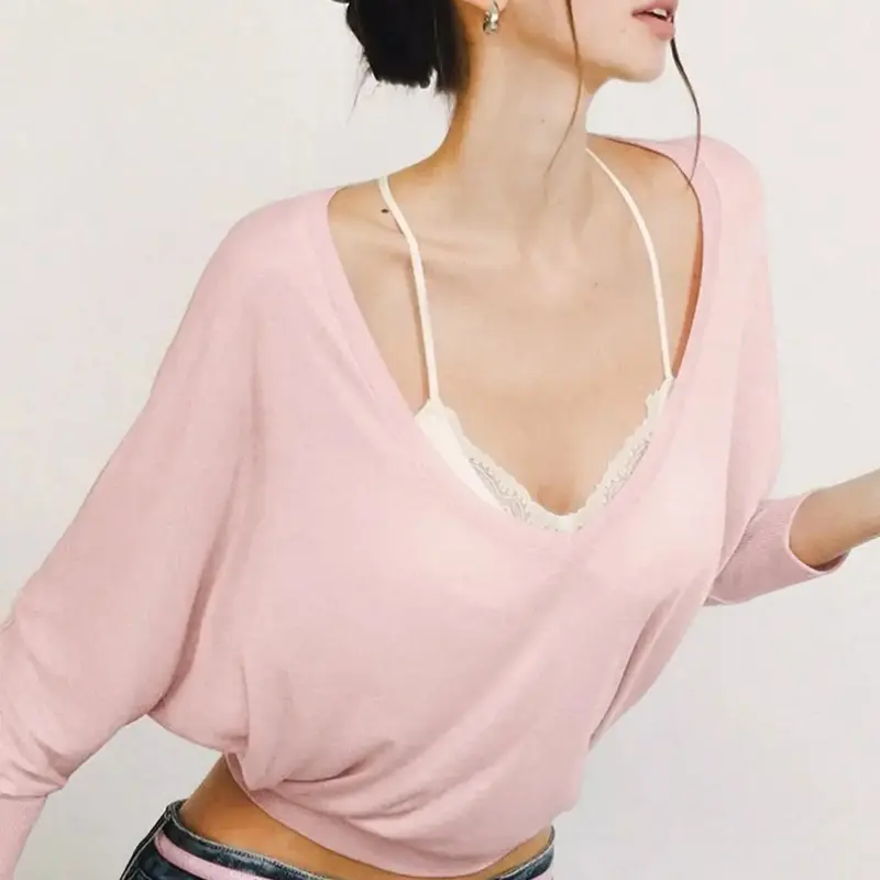 Women's Solid Color Minimalist Semi-Sheer V Neck Long Sleeve T-shirt, Sexy Loose-Fit Casual Crop Top for Parties, Clubs, Dating and Holiday, Ladies Elegant Tee for Spring, Fall and Winter, Everyday Wear, Casual Everyday Tops