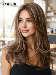 Topshe Mono Wig 6.5*5.5 High Definition Lace Front, Deep Layered Highlights, Medium Straight Hair, No Bangs, Versatile for All Occasions