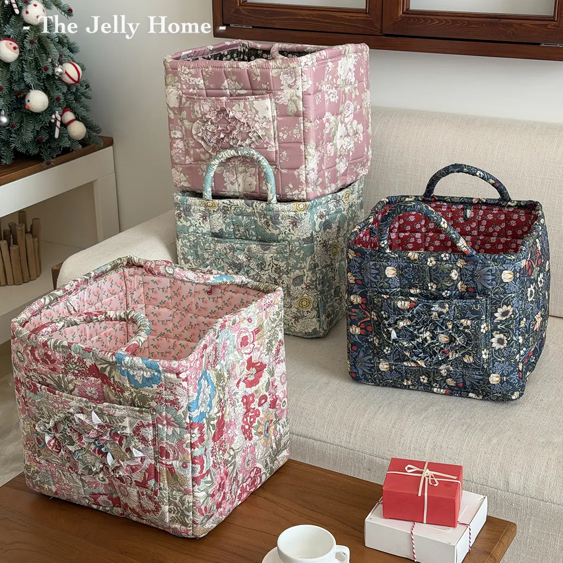 Square Storage Basket for Clothes, Large Pink Quilted Polyester Organizer Bag with Retro Floral Print, Carry Handle & Front Pocket, Dahuaofu Series Square Storage Basket (Large Size) - Pink, High-Capacity, Makeup Bag, Travel Buddy