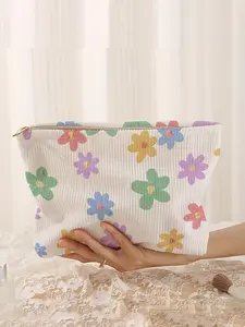 Floral Pattern Corduroy Cosmetic Bag, Colorful Lightweight Multi-functional Fashion Leisure Cosmetic Bag, Travel Cosmetic Bag, Suitable for Leisure Travel, Handheld Cosmetic Pouch