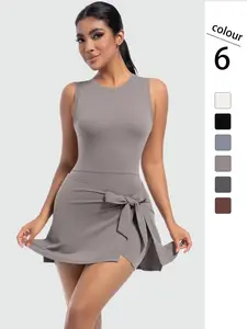 Women's Solid Bowknot Decor Sports Dress, Casual Sporty Sleeveless Round Neck Bodycon Dress for Yoga Gym Workout, Ladies Sportswear for All Seasons, Workout Athletic Dresses, Workout Active Dress