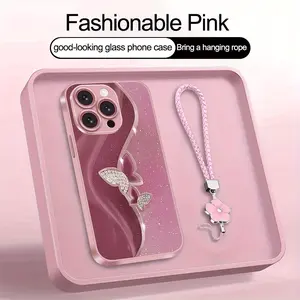 Glitter Butterfly Series Metal Paint Glass Phone Case with Lanyard for iPhone /12Pro/12ProMax/12mini/11/11ProMax/X/XS/XR/XSMax/7/8 Cute Couple Style Minimalist Lightweight Business Personality Protective Cover
