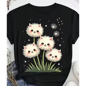 Cute Cat Dandelion Graphic Tee, Fashion Casual Outfit, Soft Cotton Comfort Top, Oversized Cute T Shirt, Ideal Valentine Christmas Birthday Gift For Her Him Family Friends
