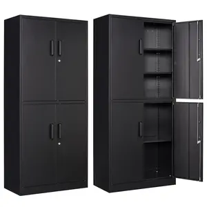 Metal Storage Cabinet with Lock, 71" Tall, 2 Adjustable Shelves, 4 Doors, Black Color, Ideal for Office, Garage, Home, and Pantry Use