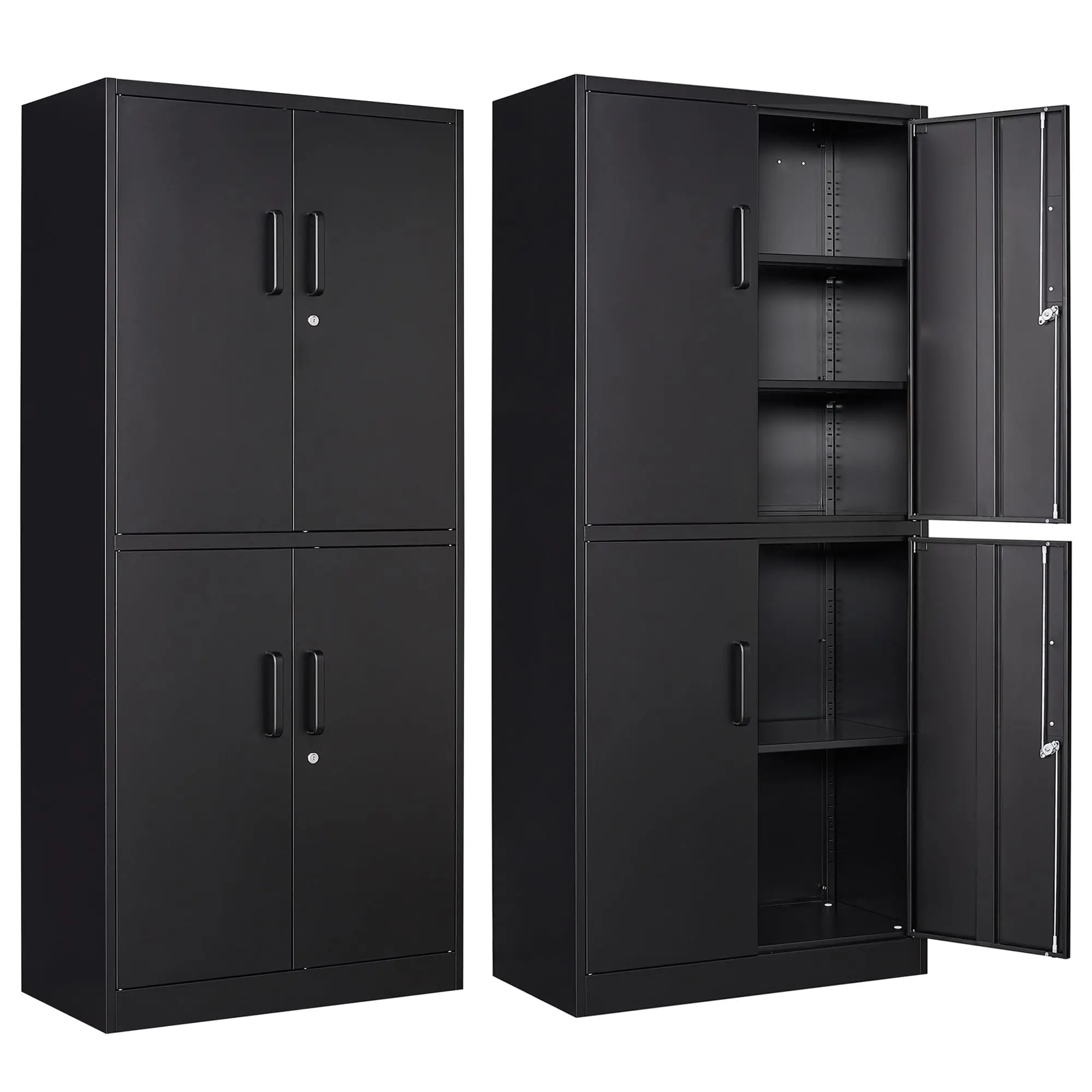 Metal Storage Cabinet with Lock, 71" Tall, 2 Adjustable Shelves, 4 Doors, Black Color, Ideal for Office, Garage, Home, and Pantry Use