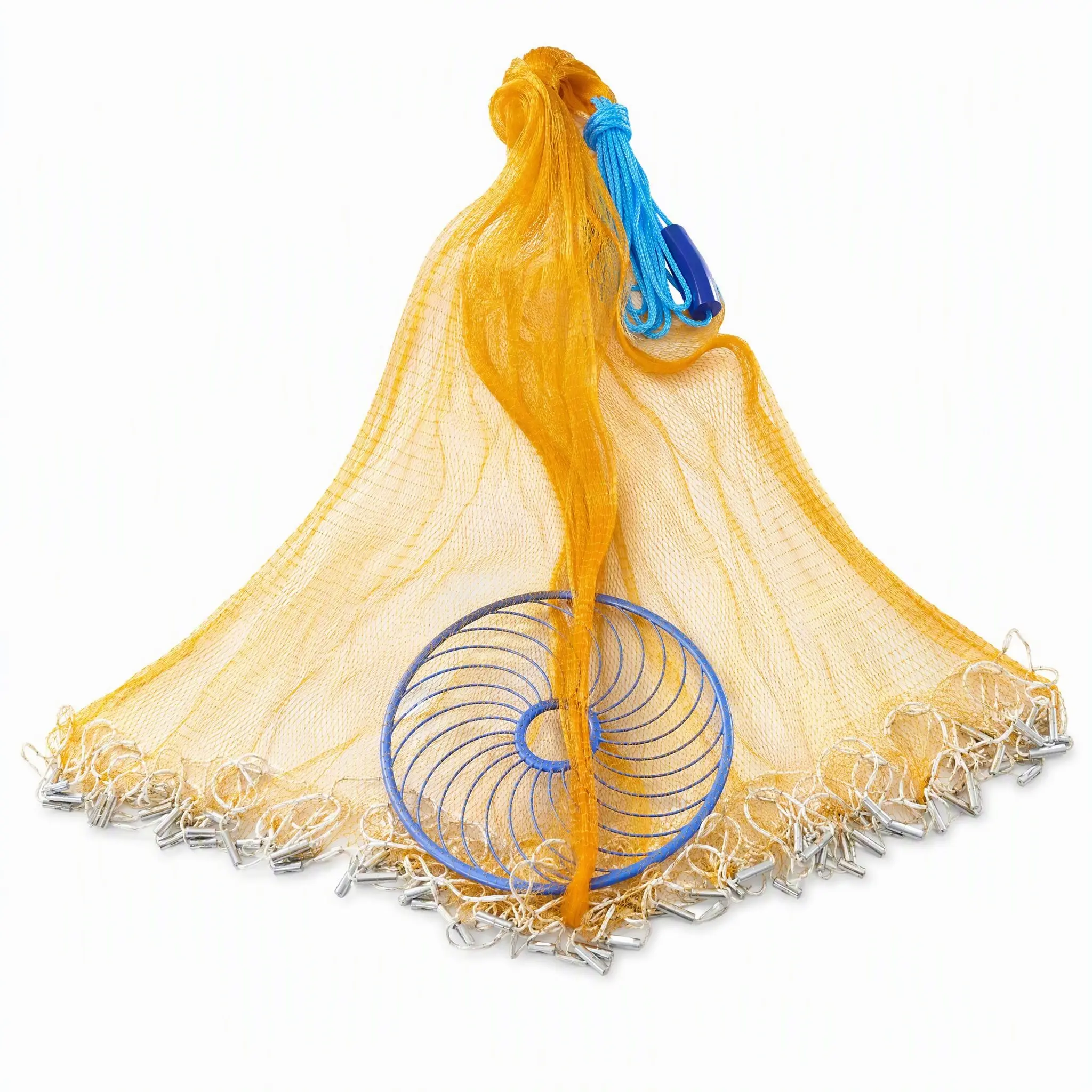 10FT Hand-Held Traditional Unisex Fishing Net - Fishing Accessories Kit, Single Size, Heavy Iron Weights, Golden, Freshwater/Sea Use for Shrimp/Crab, Included Flying Disc, Breathtaking Beauty, Large Range Fishermen Essential Tool