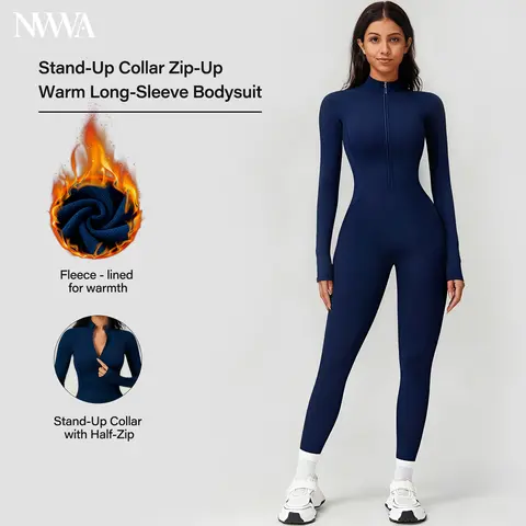 Women's Fleece-Lined Half-Zip Seamless Unitard - 80% Nylon 20% Elastane Flexes Stretch Skin-Friendly Smooth Soft Workout Activewear, Body-Hugging Long Sleeve Zipper Jumpsuit for Yoga, Unitard Fitness Gym