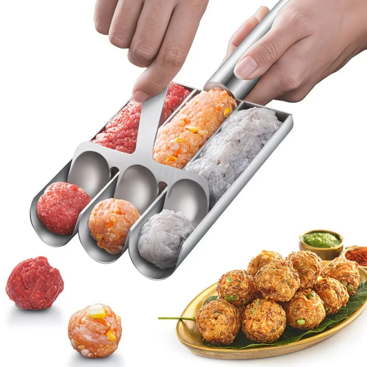 Stainless Steel Triple Meatball Maker, Meatball maker tool, Spoon with Cutting, Meatball Making Mold Set, Home Cooking Tools, DIY Quick Cooking meatballs