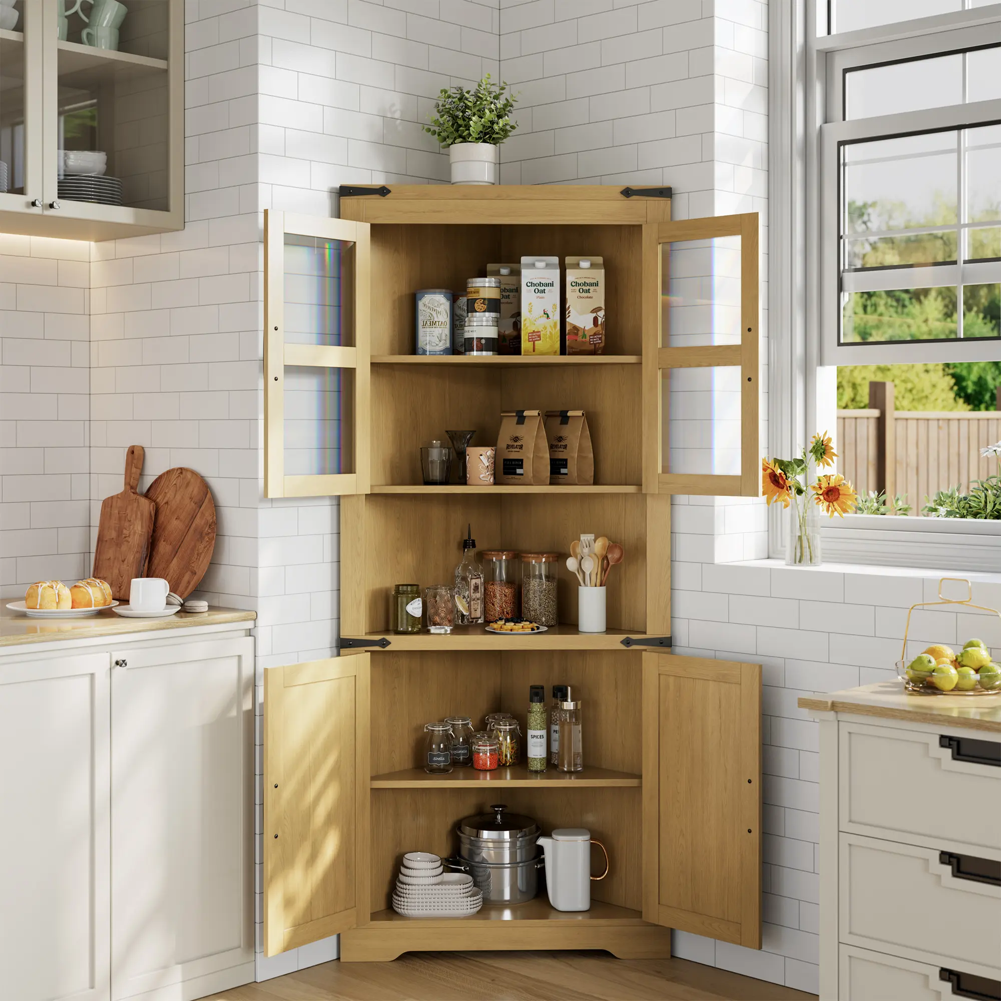 Tall Farmhouse Corner Cabinet with Glass Door – Adjustable Shelves & Ample Storage – Kitchen, Living Room, Bathroom – White Floral Design