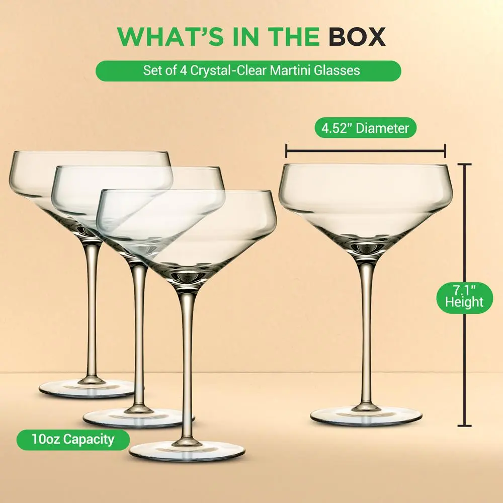 10 Oz Lead-Free Crystal Martini Glasses - Elegant, Dishwasher Safe, Premium Drinking Glasses, Crystal Glassware, Lead-Free Glass