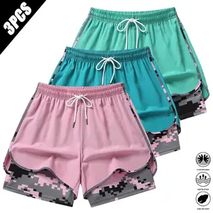 Women’s summer shorts, double-layer faux two-piece shorts, 3-piece set of women’s shorts, polyester fabric pants, breathable quick-dry pants, elastic drawstring waist, fitness training casual sports running shorts