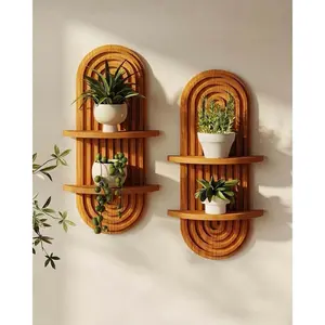 Boho Wall Decor Brown Plant Wall Shelf, Mid Century Modern Decor Hanging Plant Shelf, 2-Tier Wooden Floating Shelves for Home, Bathroom Bedroom Living Room, Office Planter Decoration 2 pcs