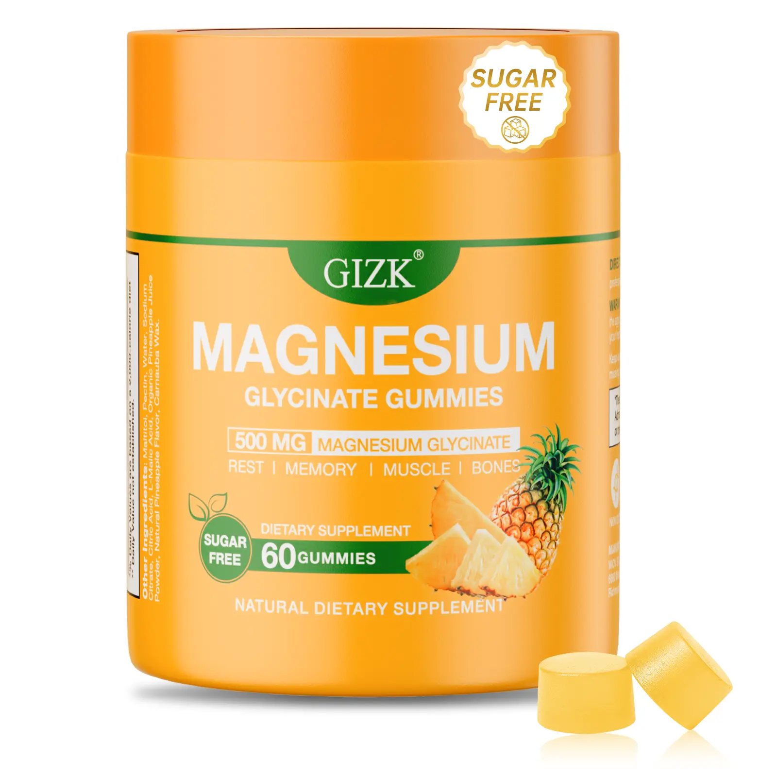 Magnesium Glycinate Gummies Sugar Free, Vegan Pectin Supplement, Supports Stress Relief & Healthy Sleep, Natural Tropical Pineapple Flavor, 60 Count