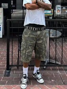 Camouflage Shorts, Workwear Denim Shorts, Multi-Pocket Denim Shorts, Summer Pants, Loose-Fit, Street Style, Cotton, Hip-Hop Fashion