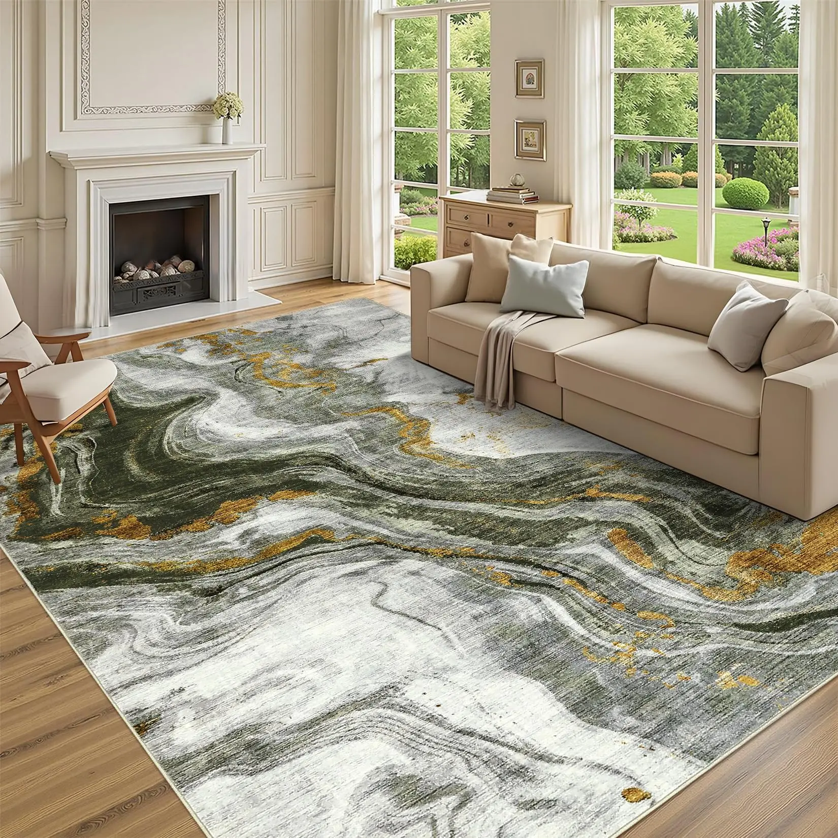 GARVEE Large 8x10 Washable Rugs for Living Room Abstract Rug Swirl Marble Patterned Carpet, Low-Pile Non Slip Easy Cleaning Rug Neutral Modern Carpet for Bedroom Dining Room Farmhouse Office,Green