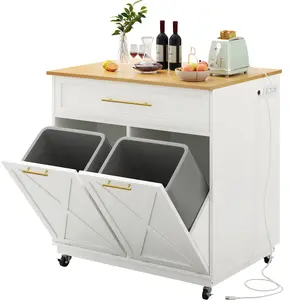 DWVO Square Kitchen Island with Double Tilt Out Trash Can Storage Cabinet, Rolling Portable Islands Table w Power Outlet Wheel Drawer Hidden 10 Gallon Garbage Bin Storage, White Oak
