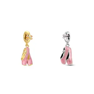 MULA 925 Silver-plated Gold Plated Ballet Slipper Charm with Pink Enamel and CZ - Compatible with Pandora Bracelets and Necklaces - Gift for Dancers, Girls, Women, Birthday, Christmas
