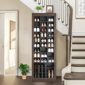 15 Cubbies Hall Tree, Wood Shoe Storage Cabinet With 5 Hooks, Tall Shoe Organizer for Entryway, Hallway, Mudrooms, Grey-White, Freestanding Coat Rack and Shoe Storage