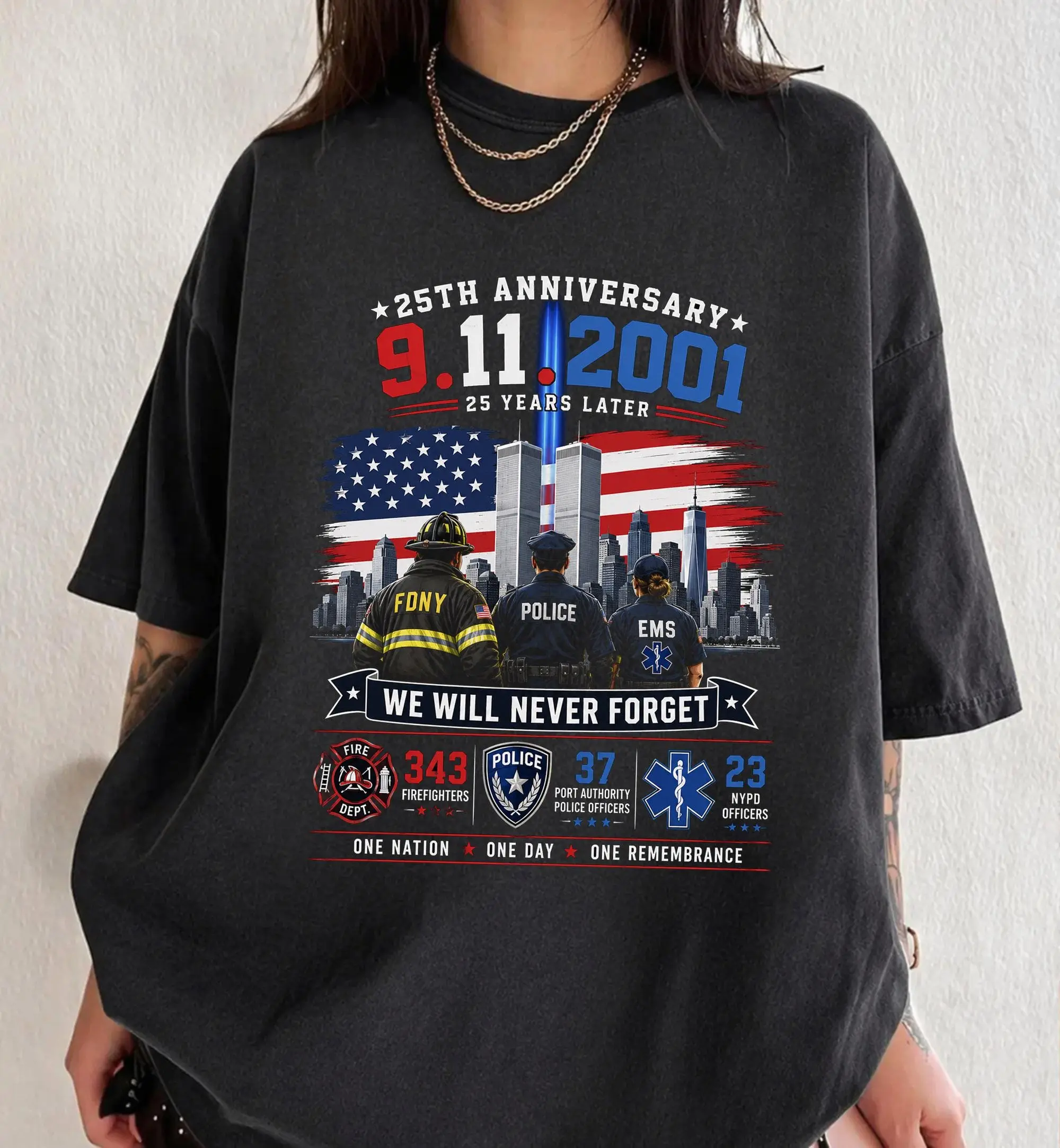 [Sale Up To 50%] 9/11 25th Anniversary Memorial Firefighter Shirt, Never Forget 9-11-2001 Tribute Tee, FDNY Police EMS Patriotic T-Shirt, Graphic Streetwear T-shirt