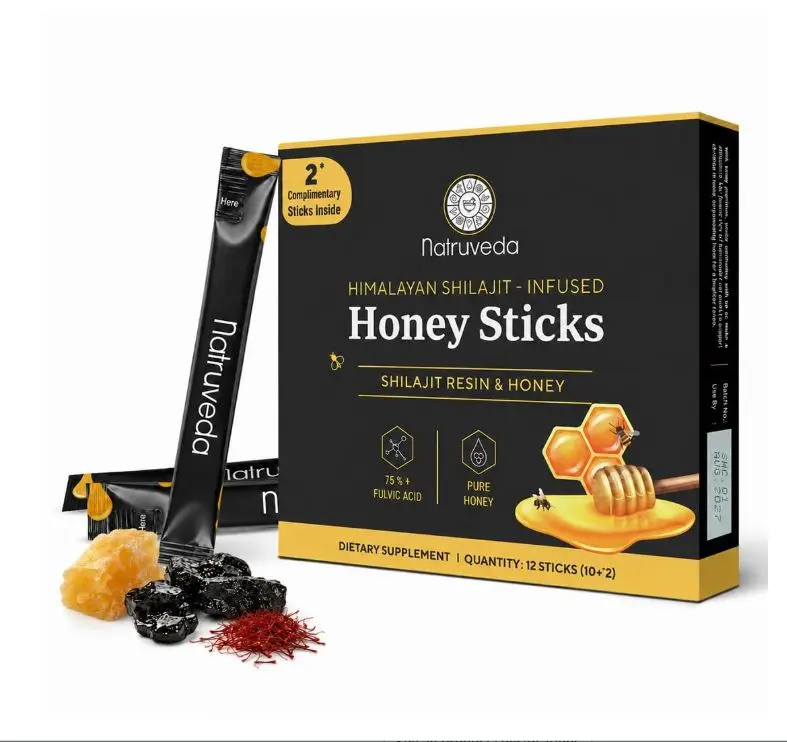 Natruveda, Himalayan Shilajit Honey Sticks for Men & Women - 75%+ Fulvic Acid & Trace Minerals - Raw Honey, Saffron & Himalayan Shilajit Resin - 10 Sticks Pack