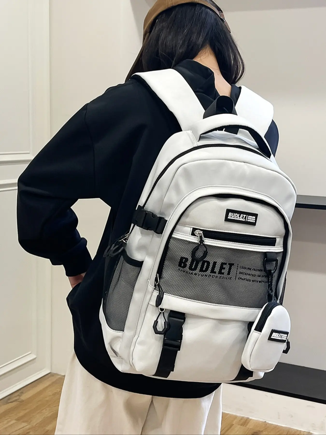 Student Backpack Japanese Style Trendy Mesh Pocket Large Capacity Backpack for School, Unisex High School College Bookbag, Fashionable Casual Commuter Bag School Backpacks
