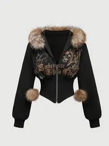 Punk Y2K Vintage Leopard Print Floral Fitted Knit Hoodie for Women, Vine Print Design, Perfect for Graduation, Back to School, Teacher