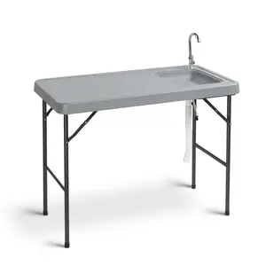 45" HDPE Portable Folding Fish Cleaning Table, Outdoor Camping Station with Sink, 360° Stainless Steel Faucet, Drainage Hose & Working Platform for Camping, Food Handling, 45" Hdpe Material