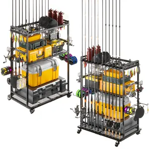 Fishing Rod Holder，SOYEEZE Fishing Pole Holders for Garage, 2 Top Baskets for Fish Reels, Side Hooks for Bait & Lines, Fish Tackle Storage Rack for Boxes & Fishing Supplies, Gifts for Men