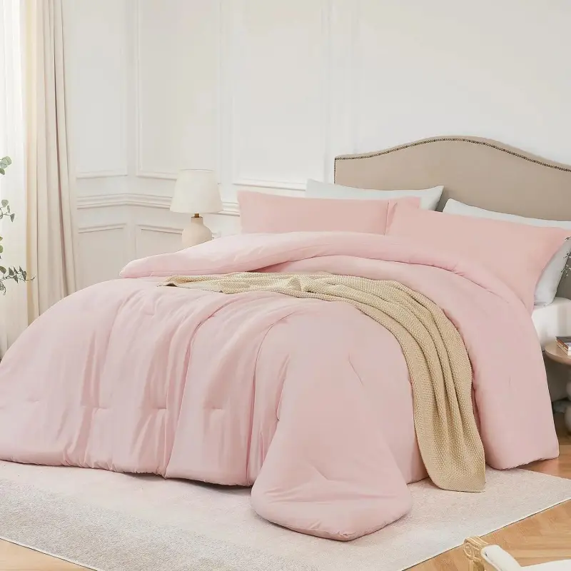 Blush Pink Twin Size Gingham Traditional Marshmallow Comforter Bed Set - 2PCS Soft Bed Set, Lightweight Breathable Microfiber Bedding, 68''x90'' Comforter + 1 Pillowcase, All-Season Luxury Linens, Quilt Set, Comfy Bedding Sets