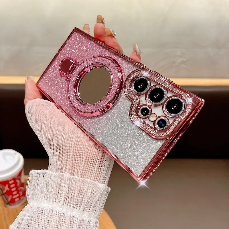 Glitter Magnetic Mirror Stand Holder Case For Samsung S24 FE S22 S23 S25 Plus S25 Ultra 5G Shockproof Cellphone Accessory Protective Cover, Casing, Mobile Phone Accessory, Accessories, Smartphone Protector