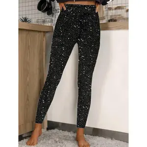 Elegant High-Waist Sequin Leggings for Women - Stretchy & Comfortable, Polyester, Vintage-Inspired Sparkly Casual Pants, for All Seasons