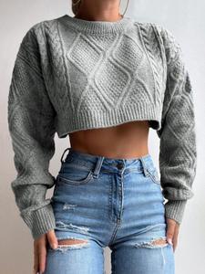 women's plain textured crop sweater, casual long sleeve round neck jumper, sweaters for women, women's spring & fall knit clothing for daily wear fall sweater