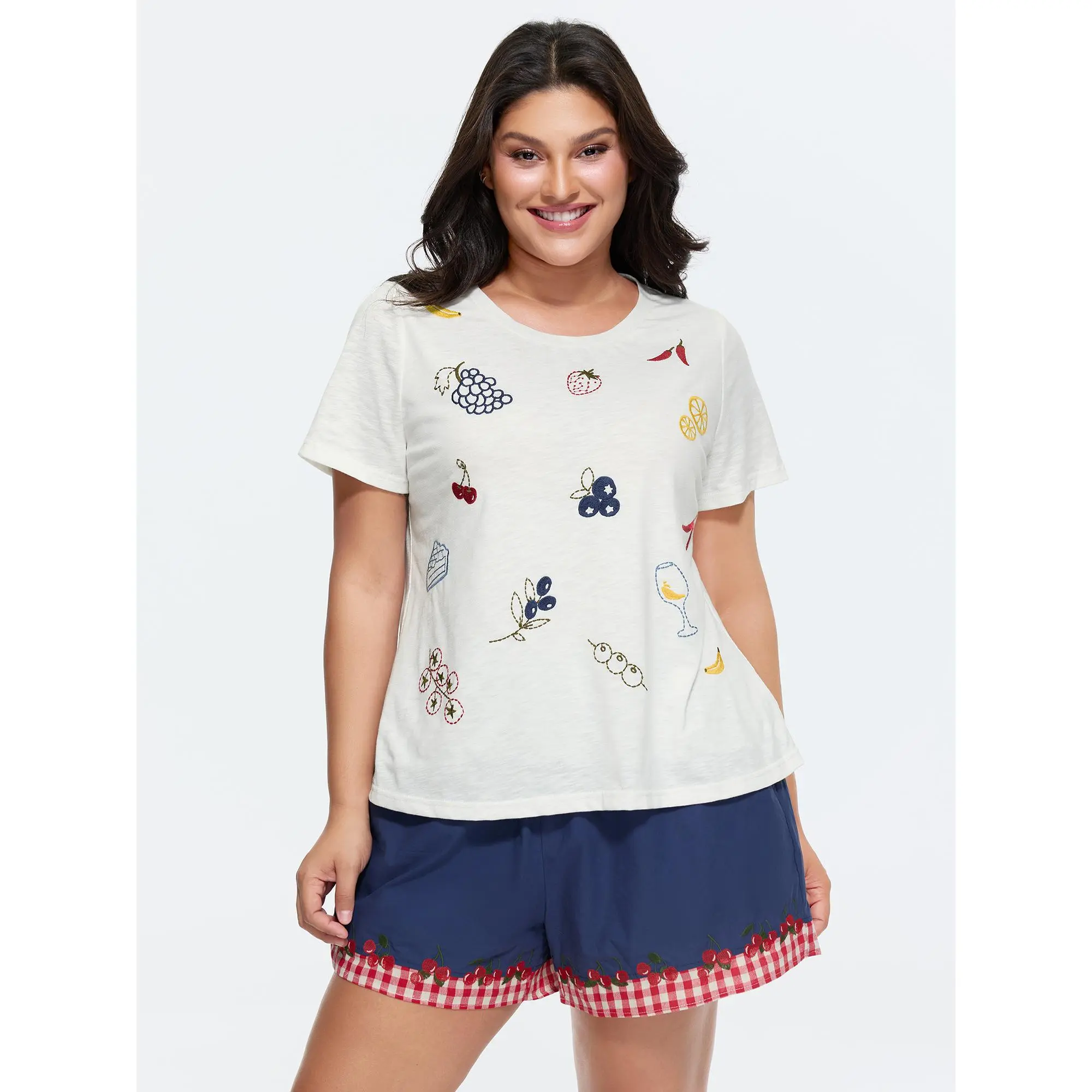 BloomChic Plus Size Fruit Embroidered T-Shirt - Women's Top, Curvy Style, Cute, Comfy Breathable Cotton-Spandex, Round Neck Short Sleeve, Regular Length, Low Iron, Plus Size Basics, Embellished Top, Everyday Casual Wear