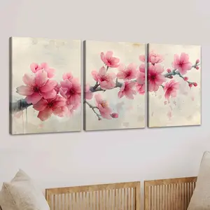 Floral Pattern Wooden Framed Canvas Painting Artwork, 3 Counts/set Vintage Plant Flower Wall Art, Modern Floral Paintings, Indoor Decoration, Modern Home Decor, Wall Decor for Home Living Room Bedroom Office, Ornaments